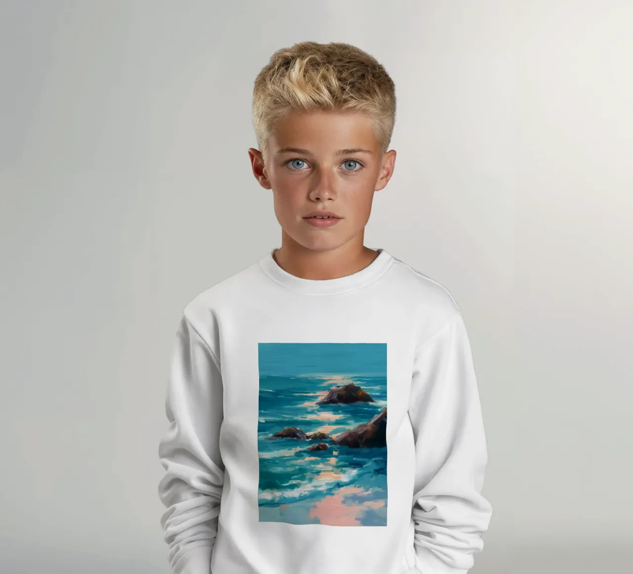 Serene Coastal Scene with Waves Crashing on Rocky Shore felpa bambino da Dune