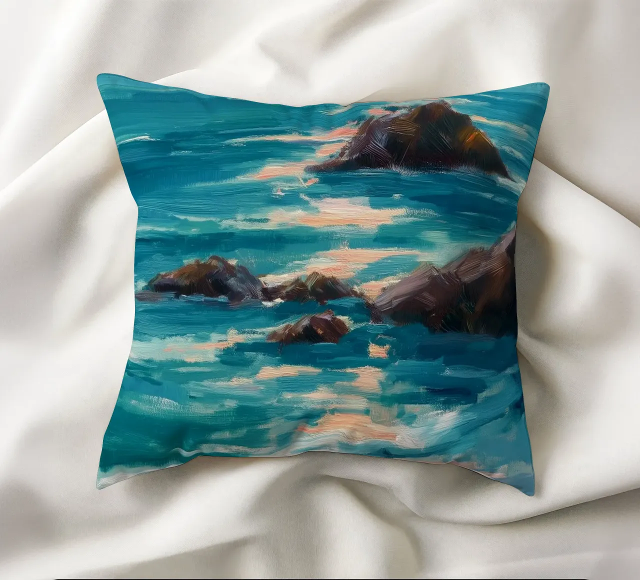 Serene Coastal Scene with Waves Crashing on Rocky Shore cuscino da Dune