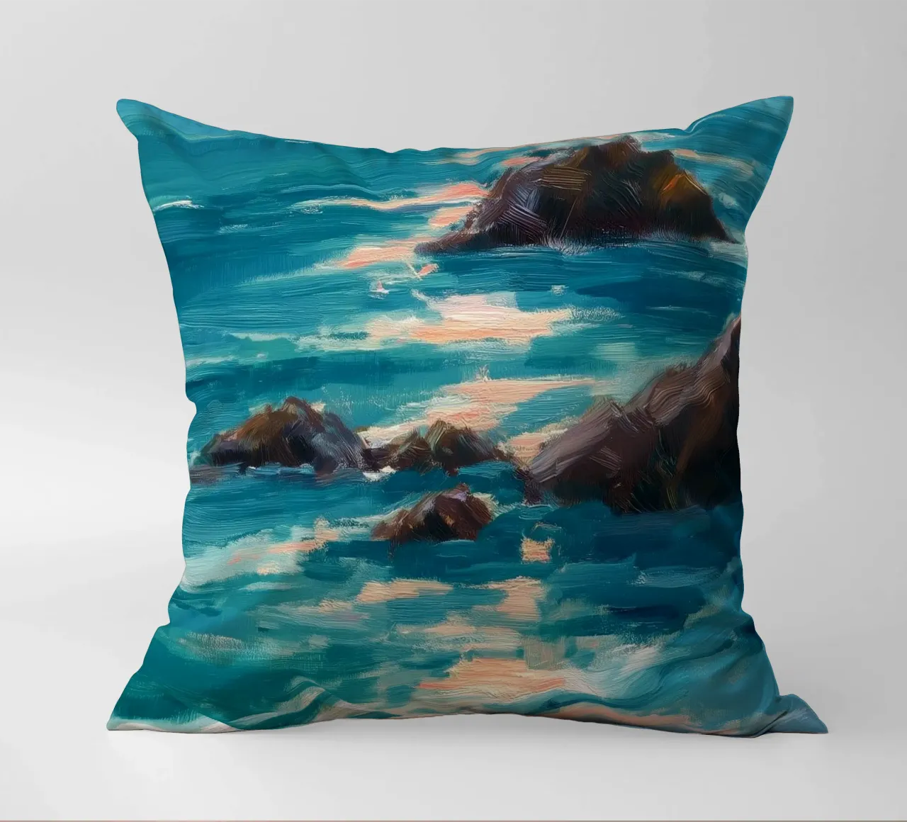 Serene Coastal Scene with Waves Crashing on Rocky Shore cuscino da Dune