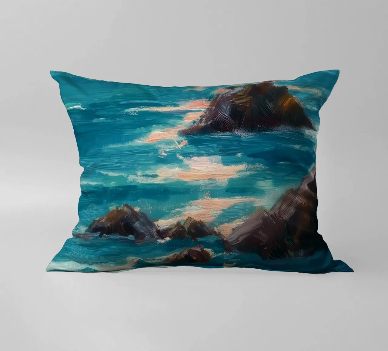 Serene Coastal Scene with Waves Crashing on Rocky Shore cuscino da Dune