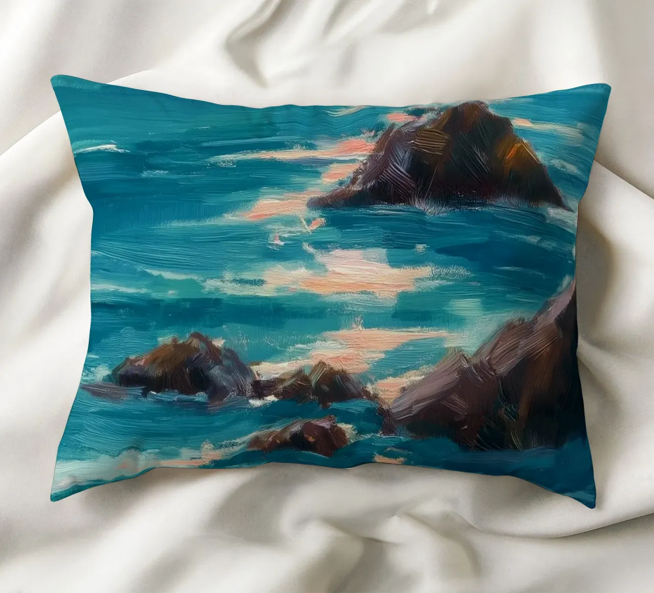Serene Coastal Scene with Waves Crashing on Rocky Shore cuscino da Dune