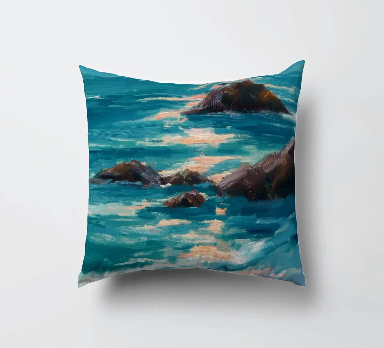 Serene Coastal Scene with Waves Crashing on Rocky Shore cuscino da Dune