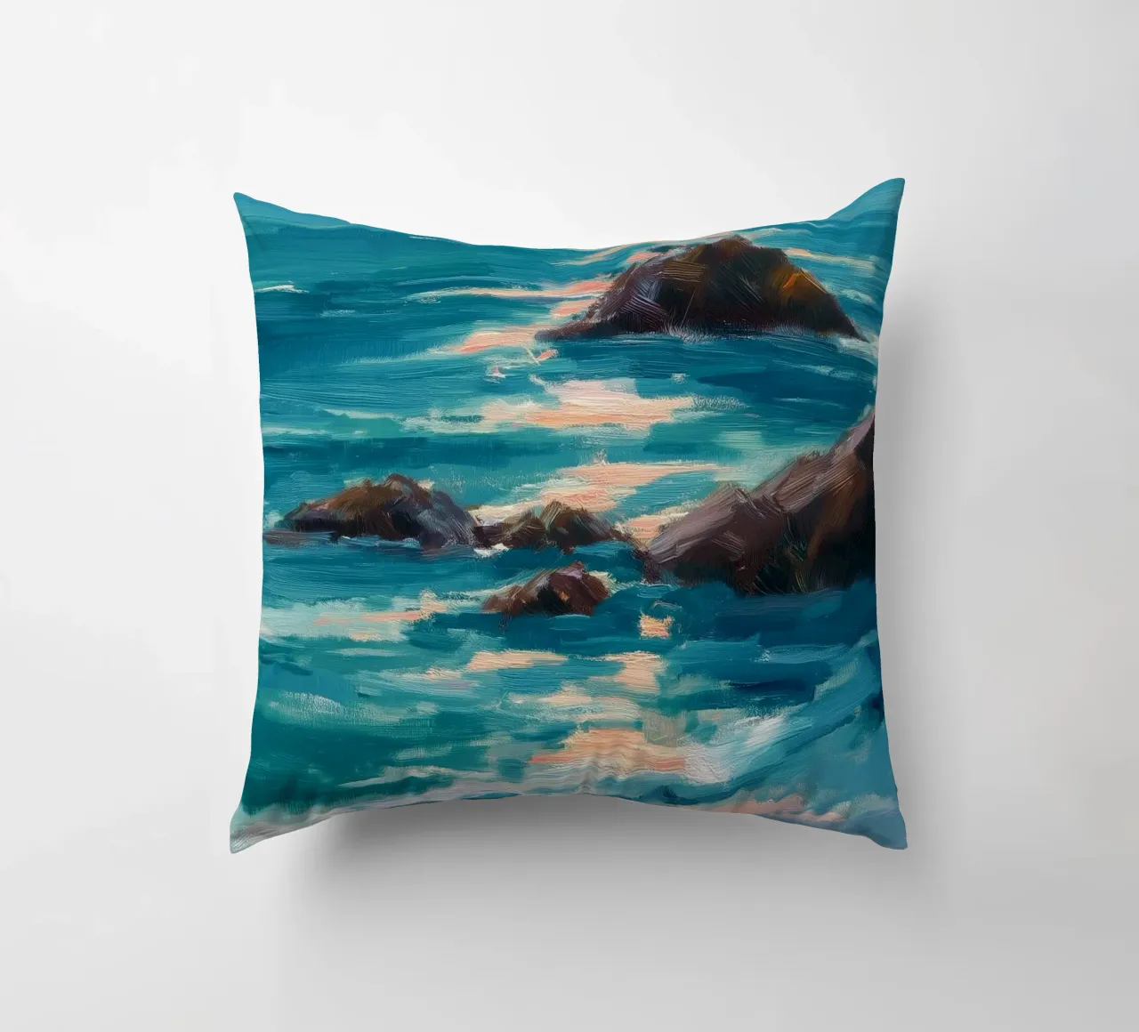 Serene Coastal Scene with Waves Crashing on Rocky Shore cuscino da Dune