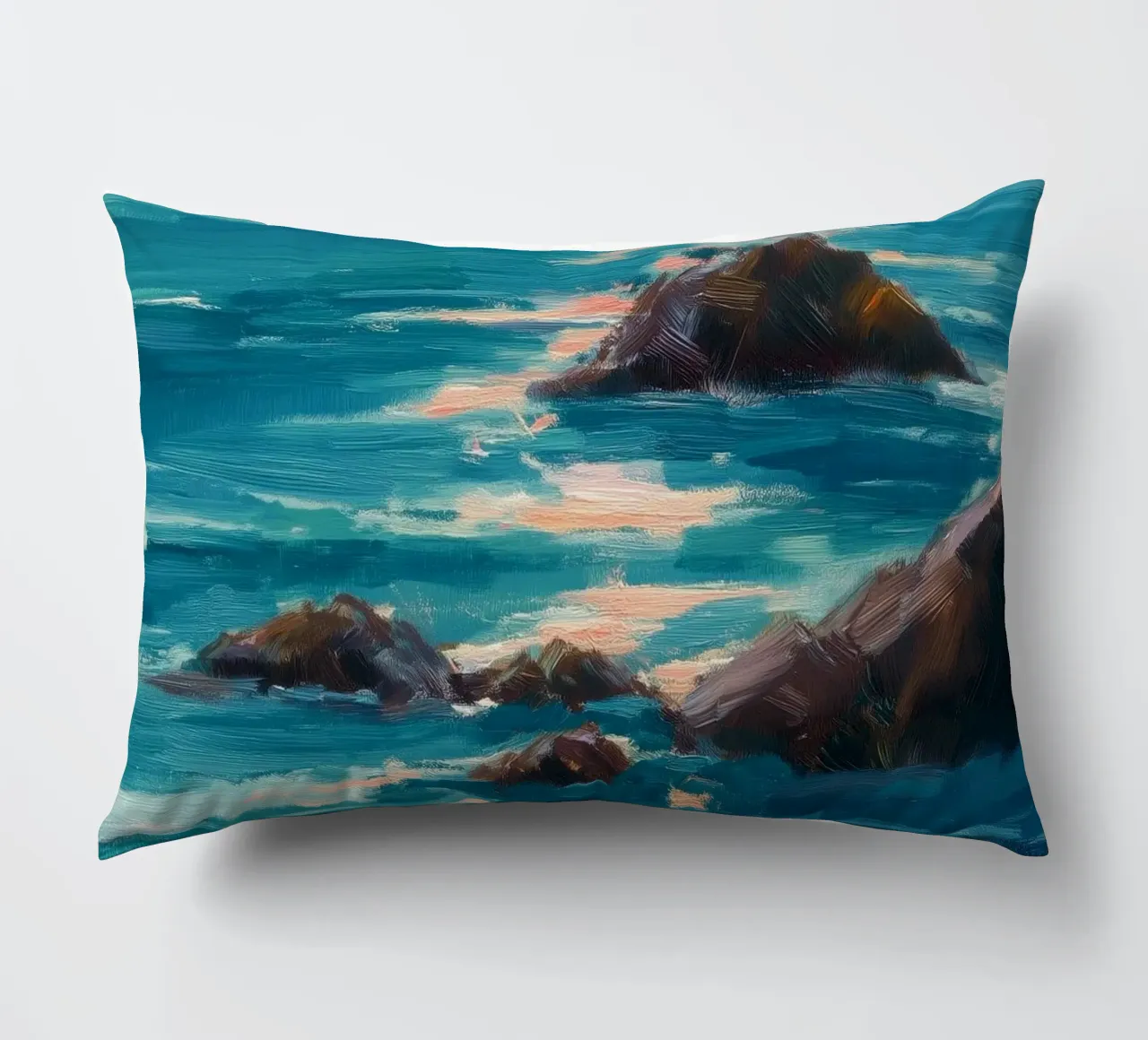 Serene Coastal Scene with Waves Crashing on Rocky Shore cuscino da Dune