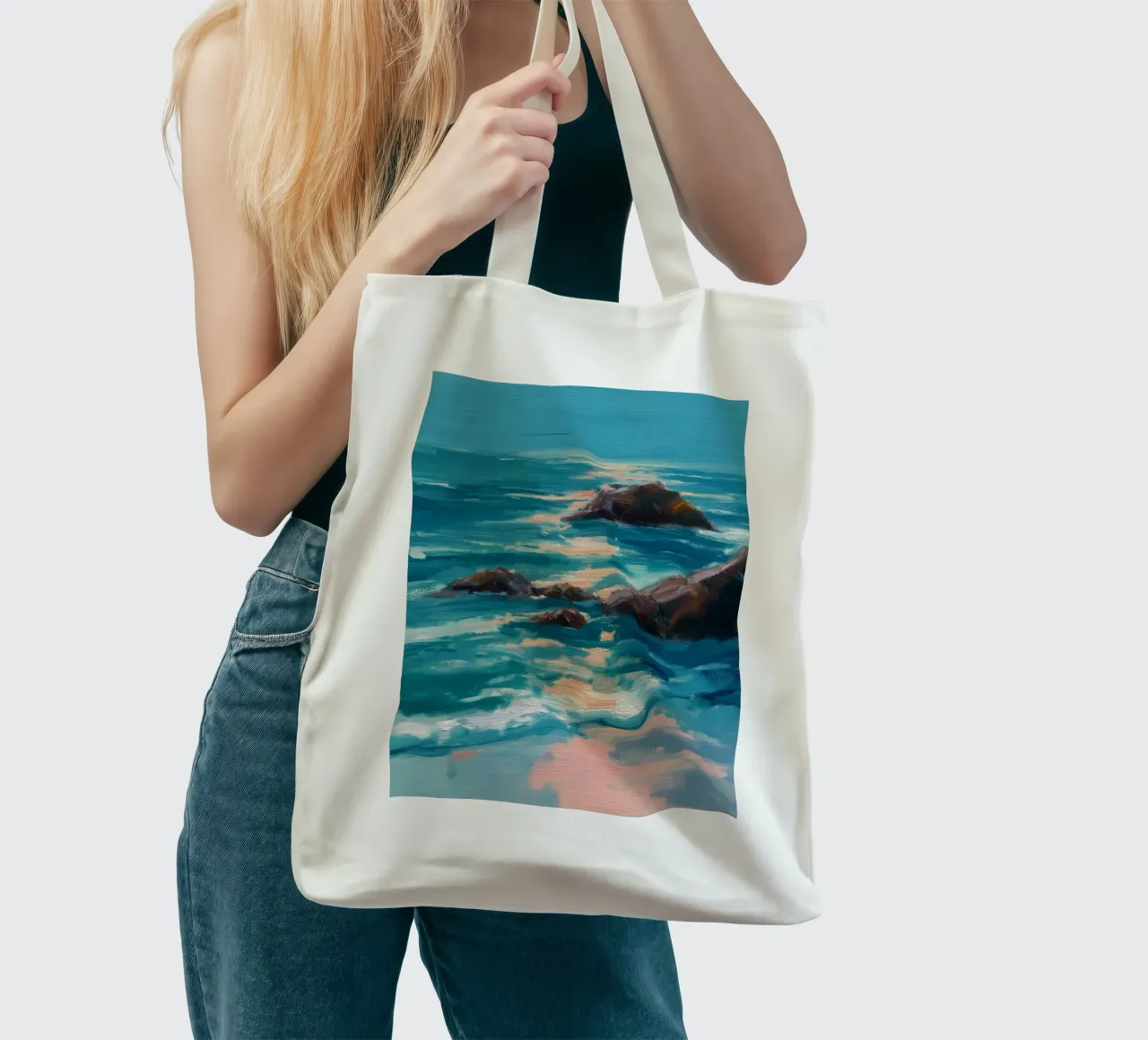 Serene Coastal Scene with Waves Crashing on Rocky Shore borsa in juta da Dune