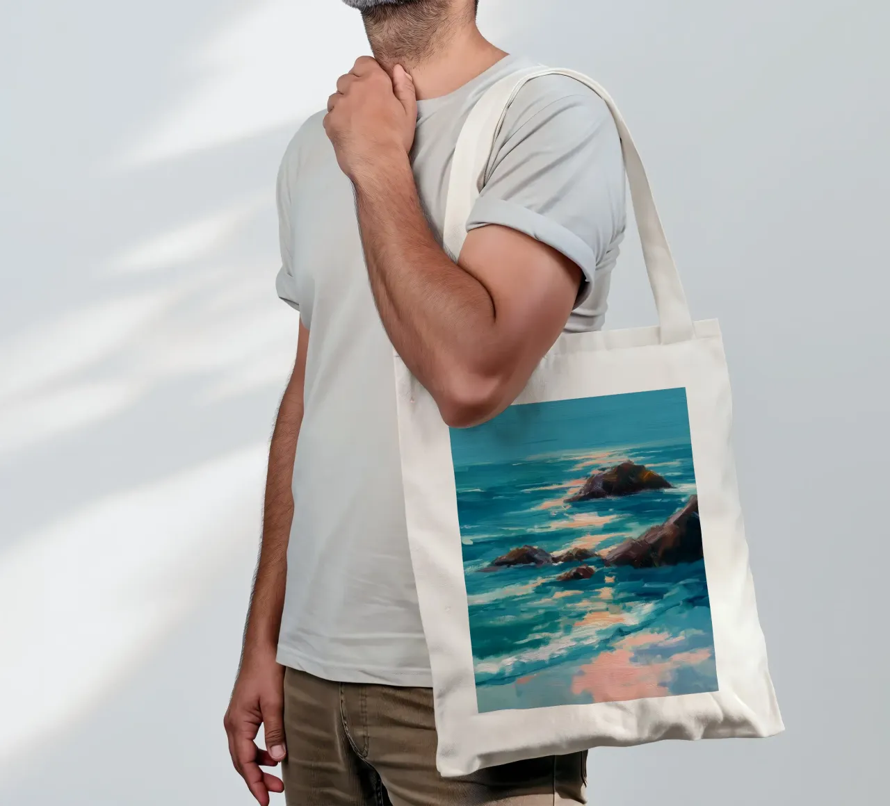 Serene Coastal Scene with Waves Crashing on Rocky Shore borsa in juta da Dune