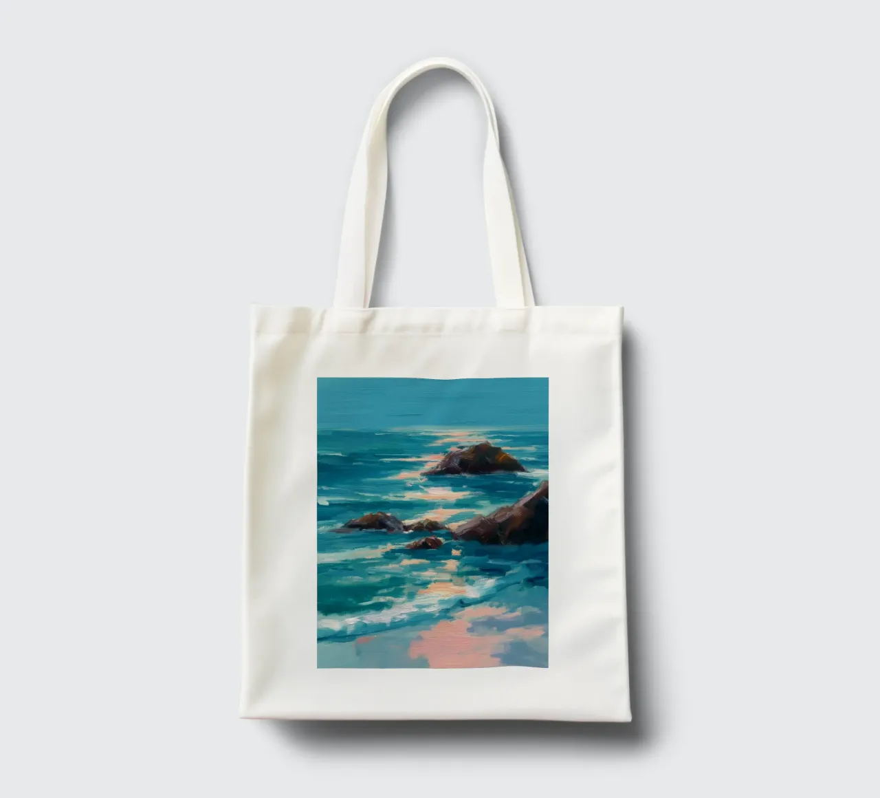 Serene Coastal Scene with Waves Crashing on Rocky Shore borsa in juta da Dune