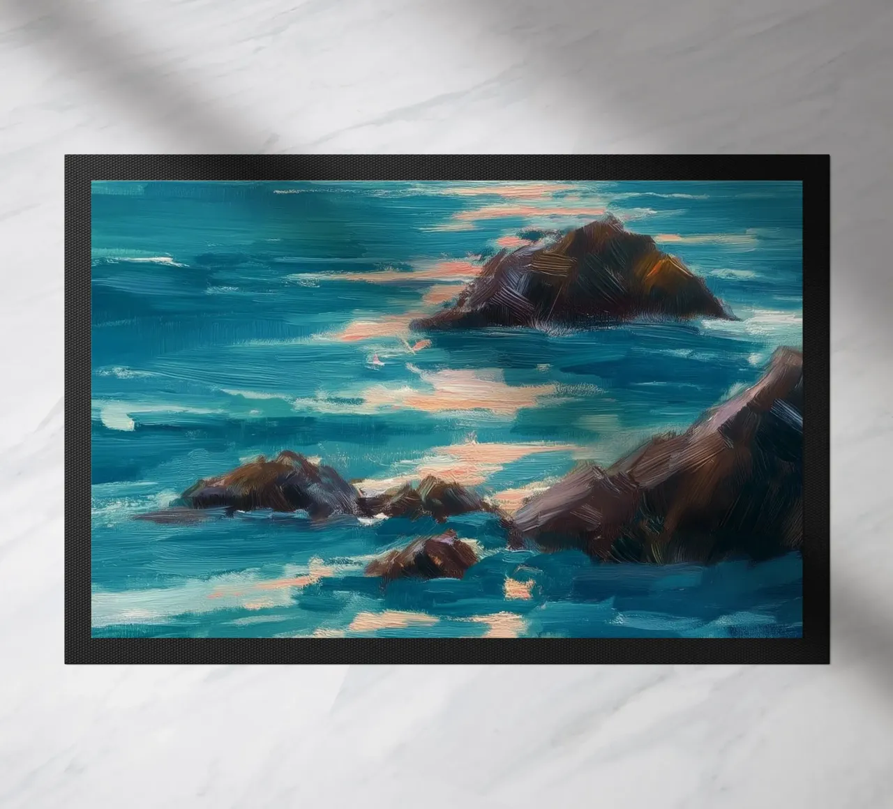 Serene Coastal Scene with Waves Crashing on Rocky Shore zerbino da Dune