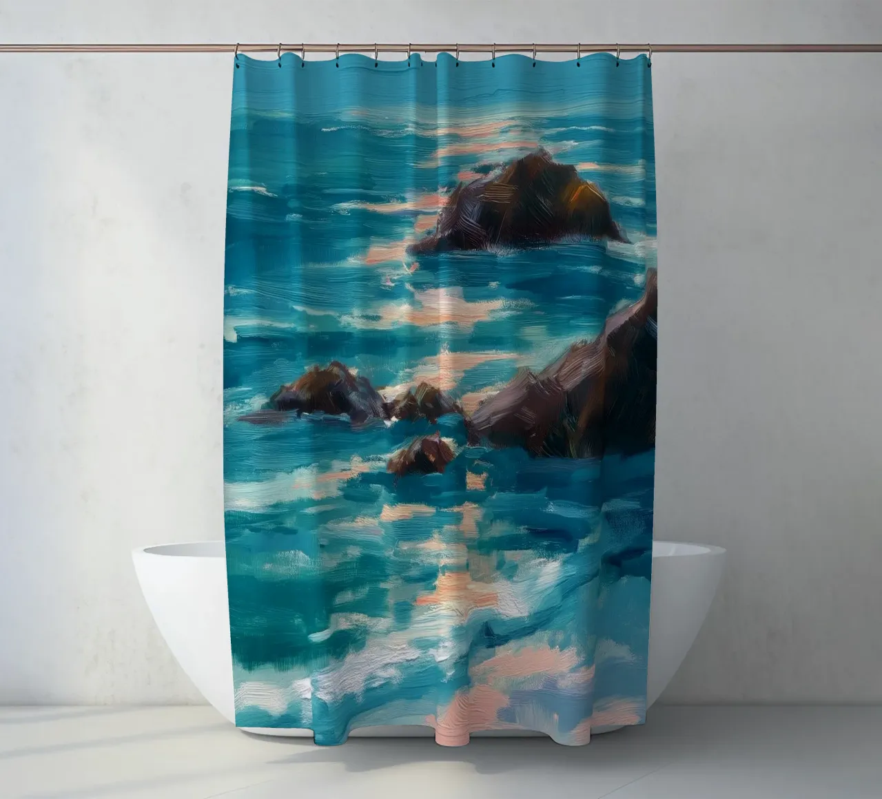 Serene Coastal Scene with Waves Crashing on Rocky Shore tenda da doccia da Dune