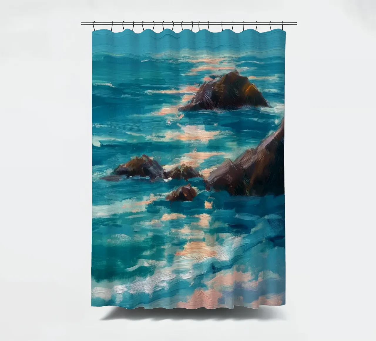 Serene Coastal Scene with Waves Crashing on Rocky Shore tenda da doccia da Dune