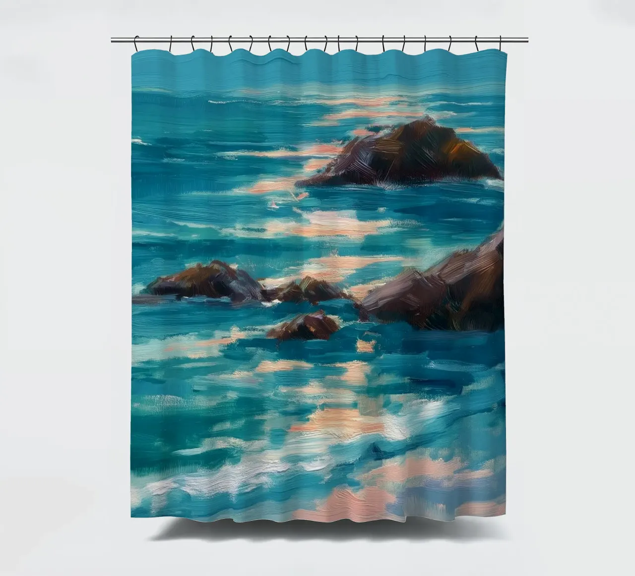 Serene Coastal Scene with Waves Crashing on Rocky Shore tenda da doccia da Dune