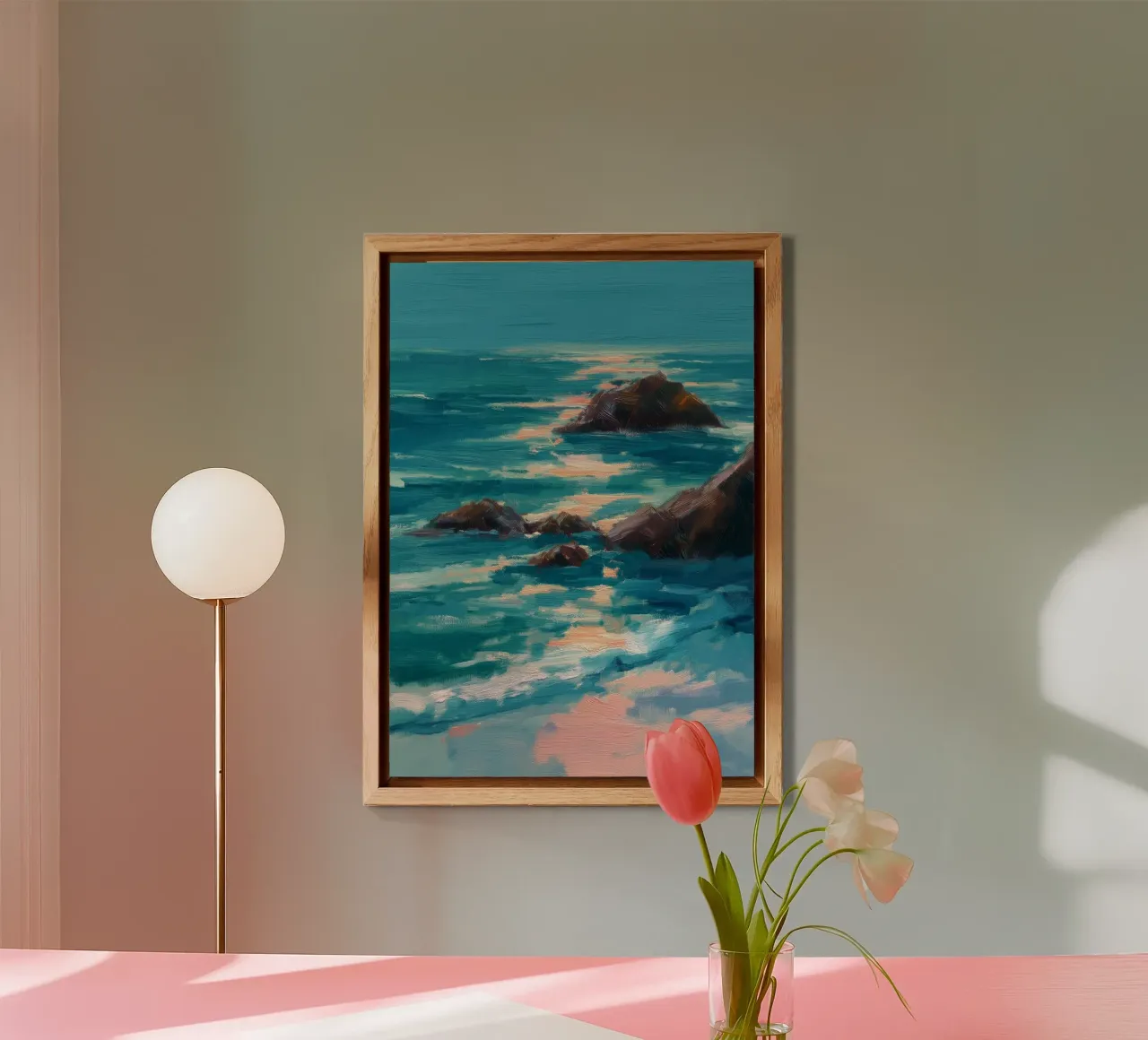 Serene Coastal Scene with Waves Crashing on Rocky Shore alluminio dibond da Dune