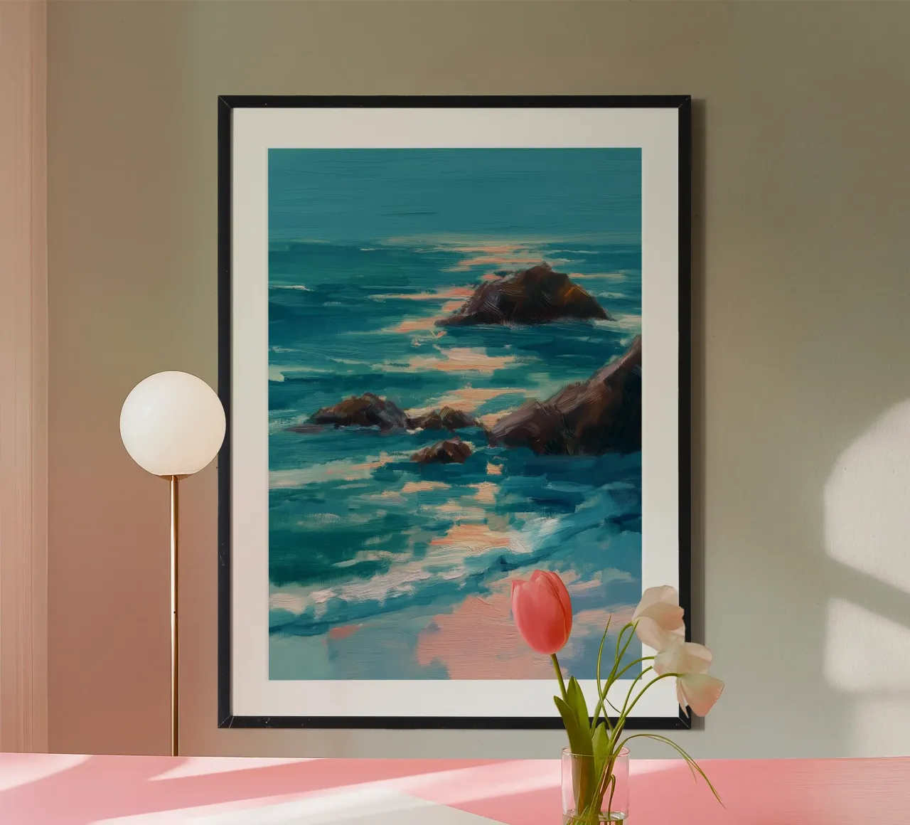 Serene Coastal Scene with Waves Crashing on Rocky Shore carta hahnemühle da Dune
