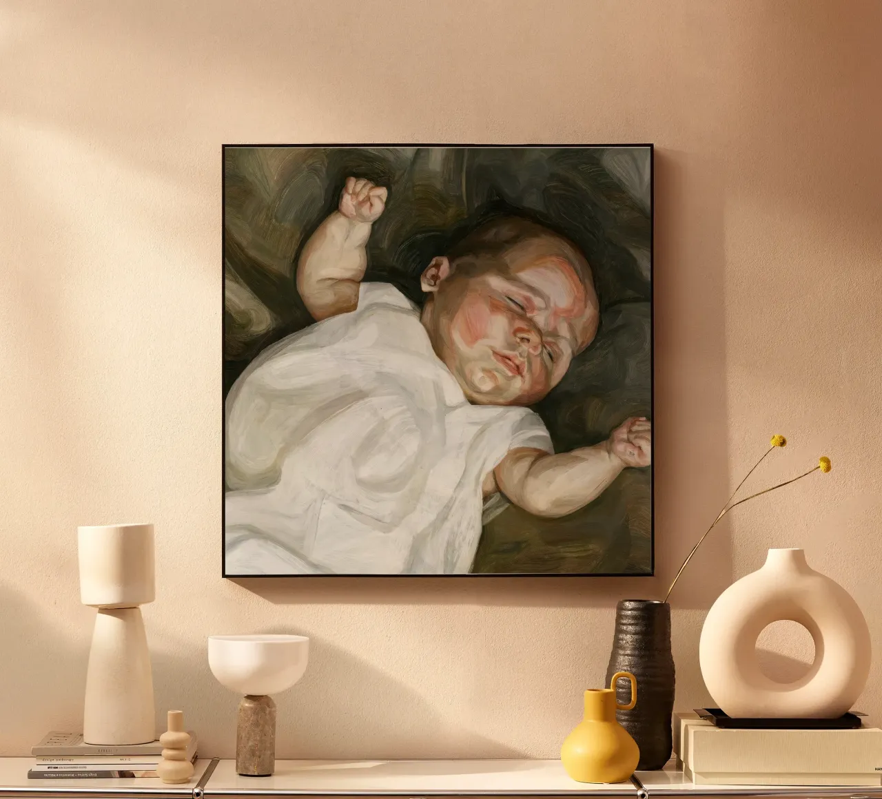 Póster de Lucian Freud Bebé en un sofá verde metacrilato de julyebayprint