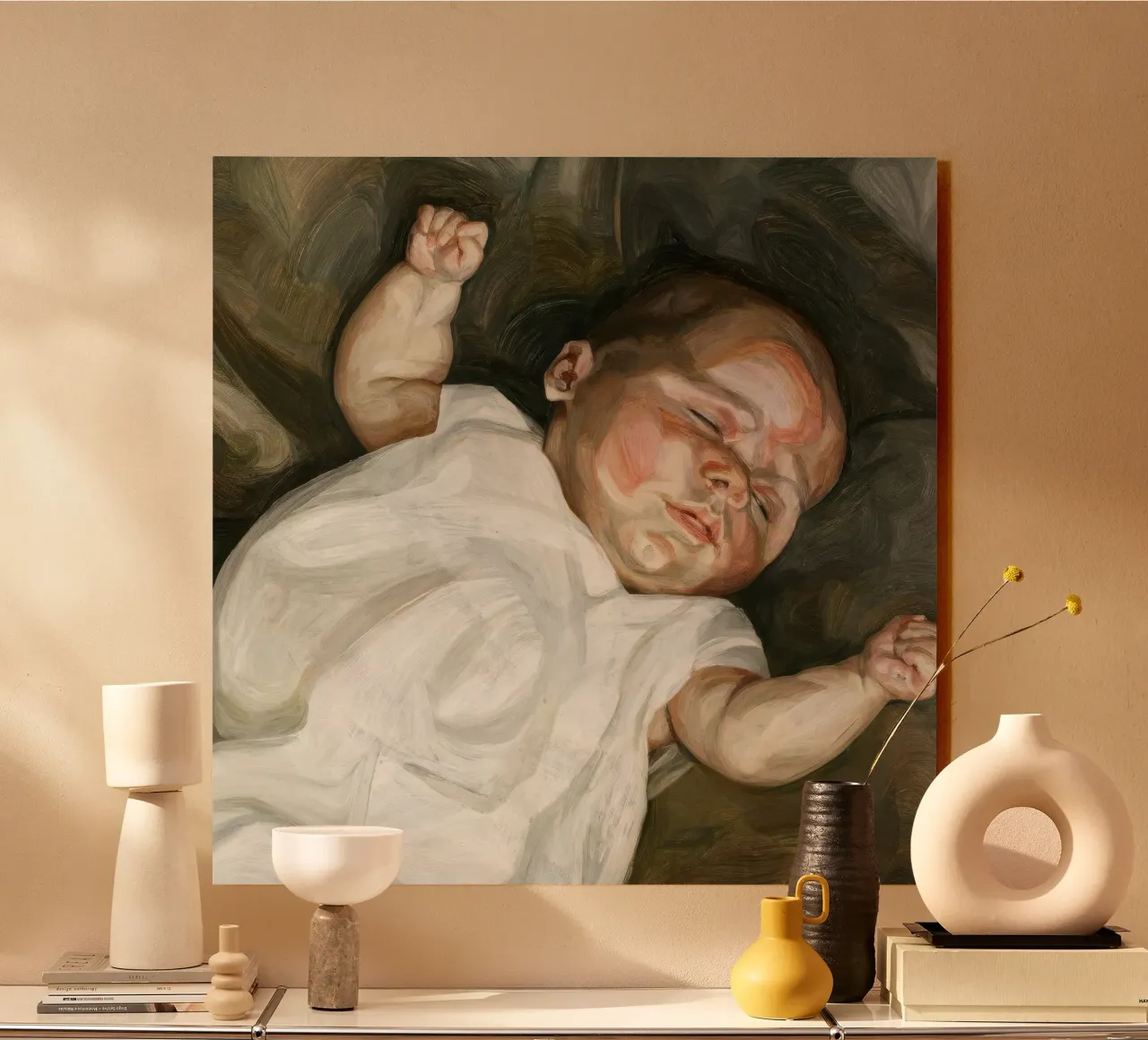 Poster di Lucian Freud Bambino su un divano verde alluminio dibond da julyebayprint