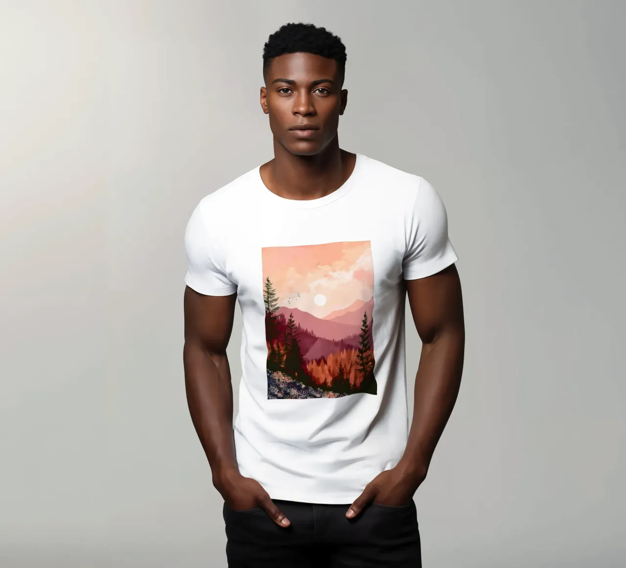 Sunset Over Pine Forest and Mountains in Warm Autumn Colors t-shirt da Dune