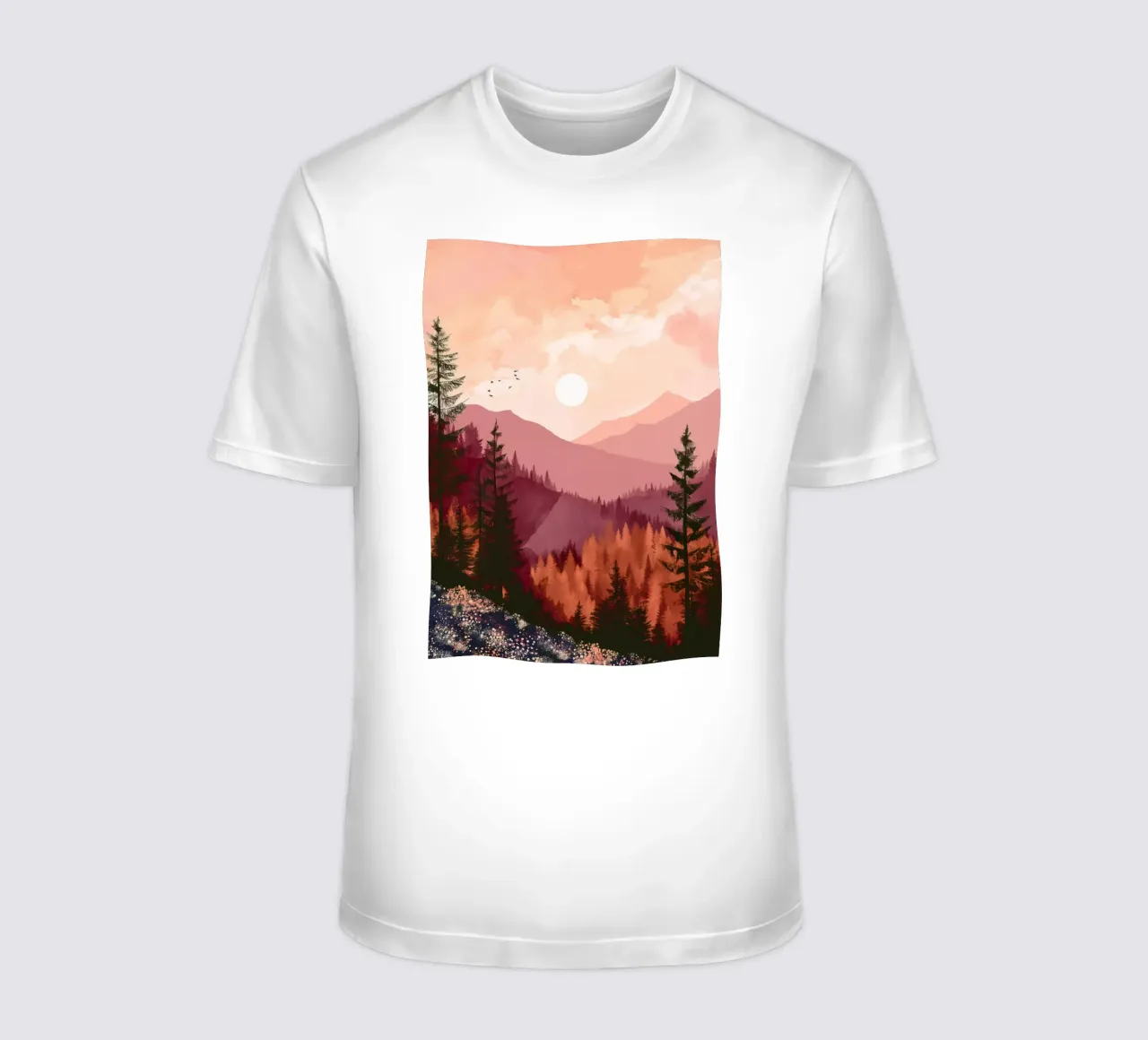 Sunset Over Pine Forest and Mountains in Warm Autumn Colors t-shirt da Dune