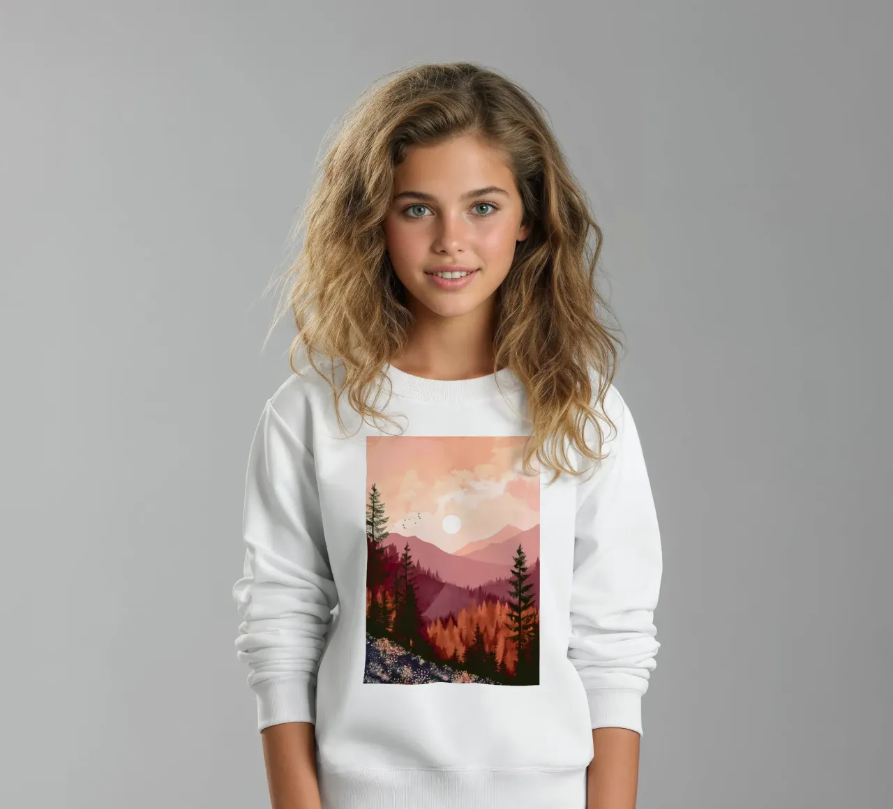 Sunset Over Pine Forest and Mountains in Warm Autumn Colors felpa bambino da Dune