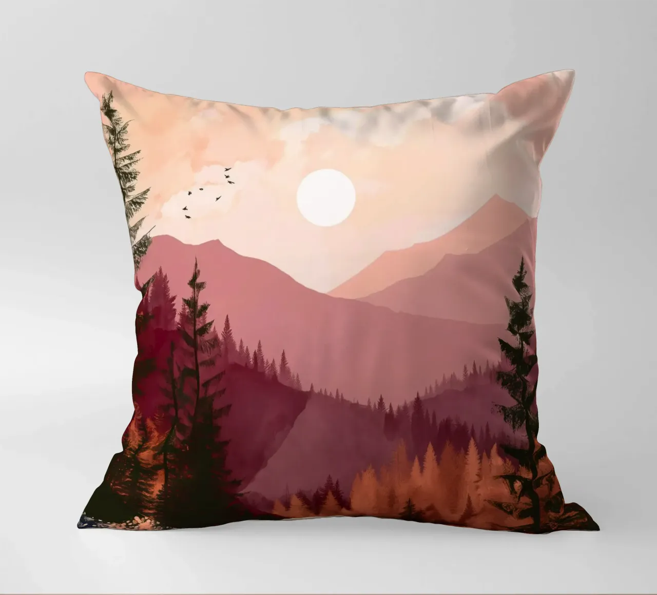 Sunset Over Pine Forest and Mountains in Warm Autumn Colors cuscino da Dune