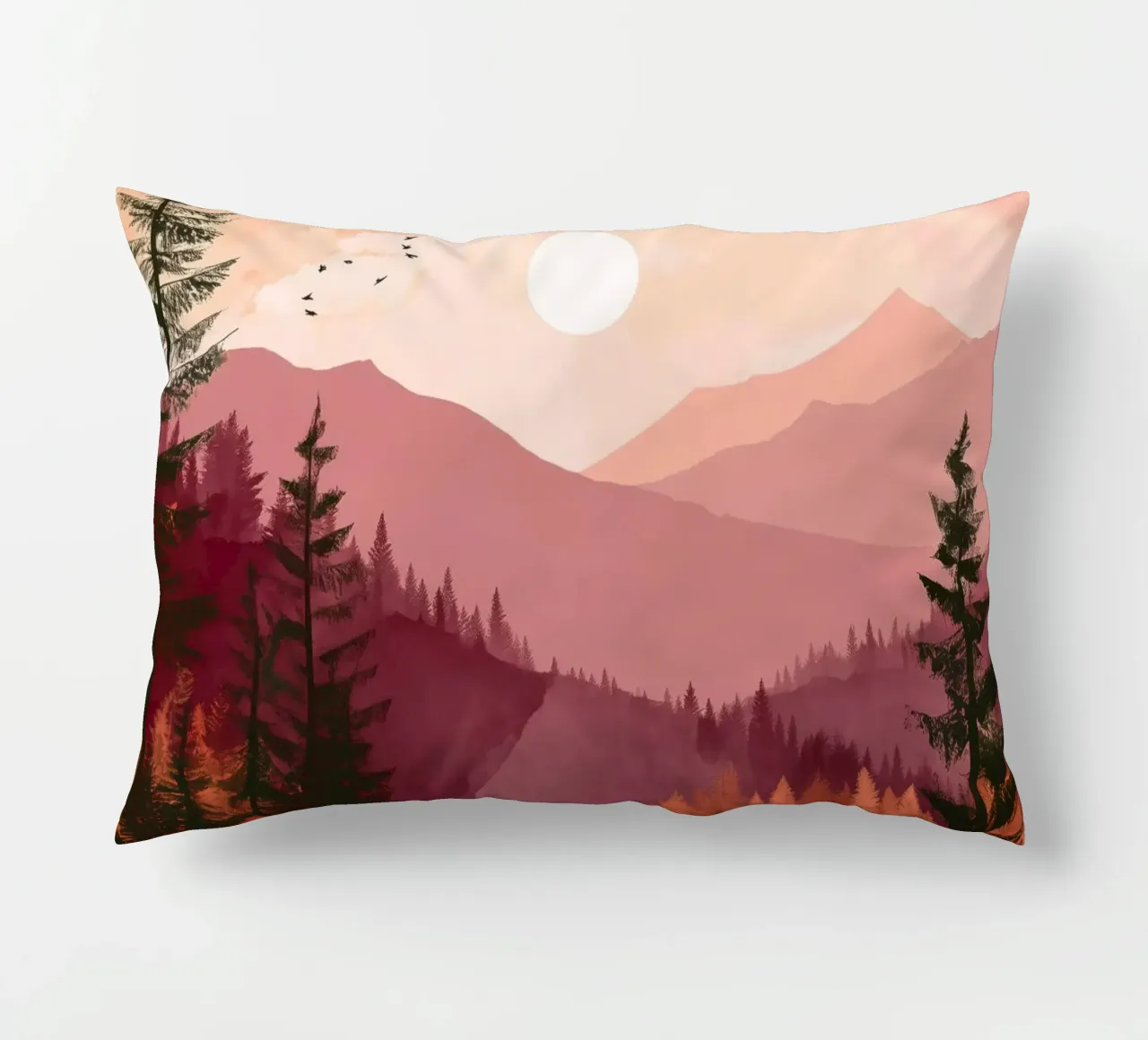 Sunset Over Pine Forest and Mountains in Warm Autumn Colors cuscino da Dune