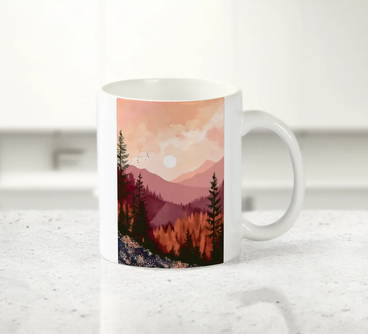 Sunset Over Pine Forest and Mountains in Warm Autumn Colors tazza in ceramica da Dune