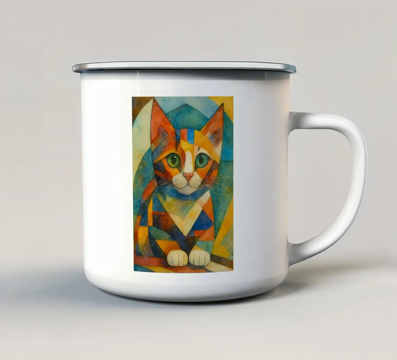 abstracte tekening kat emaille mok van bougenfille