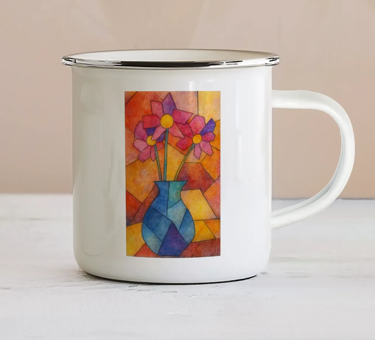 abstracte tekening bloem emaille mok van bougenfille