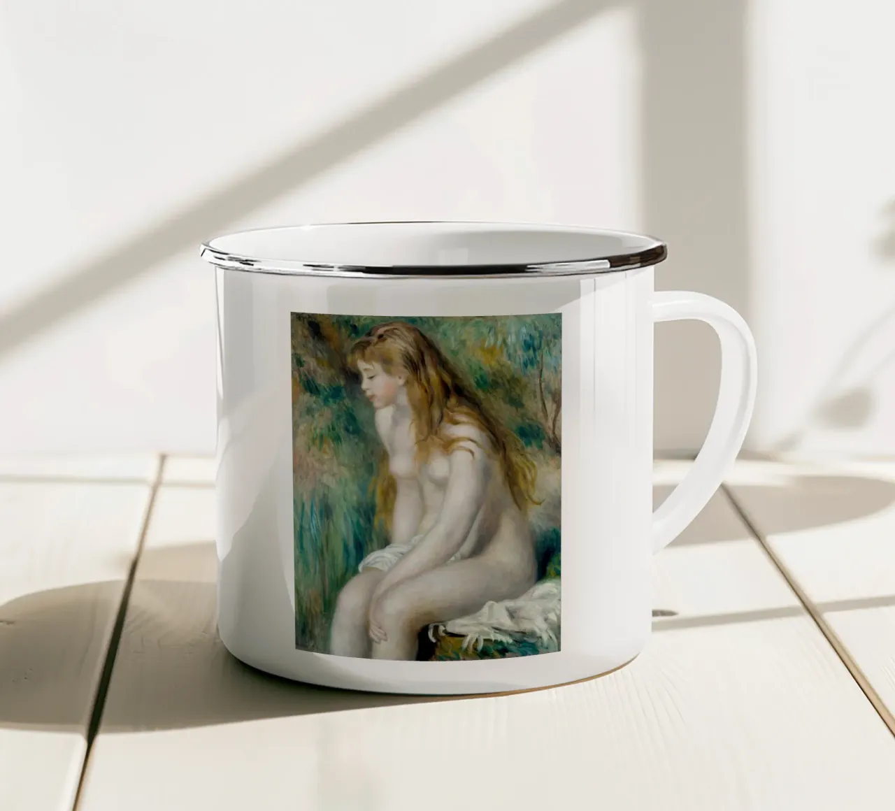 Bagnante con capelli biondi tazza in smalto da masonday