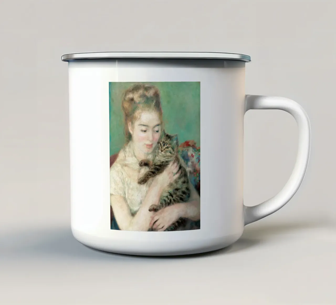 Donna con gatto tazza in smalto da masonday