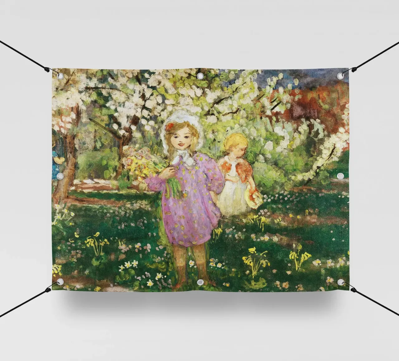 Bambini in un frutteto in fiore telo in pvc da Joan