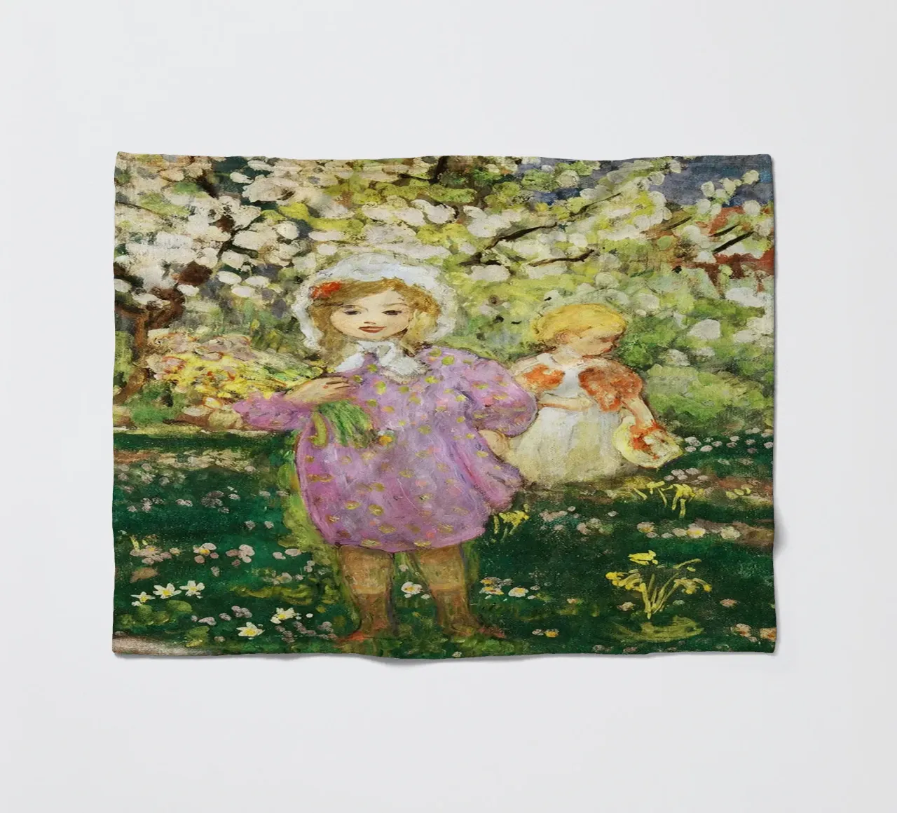 Bambini in un frutteto in fiore coperta in pile da Joan