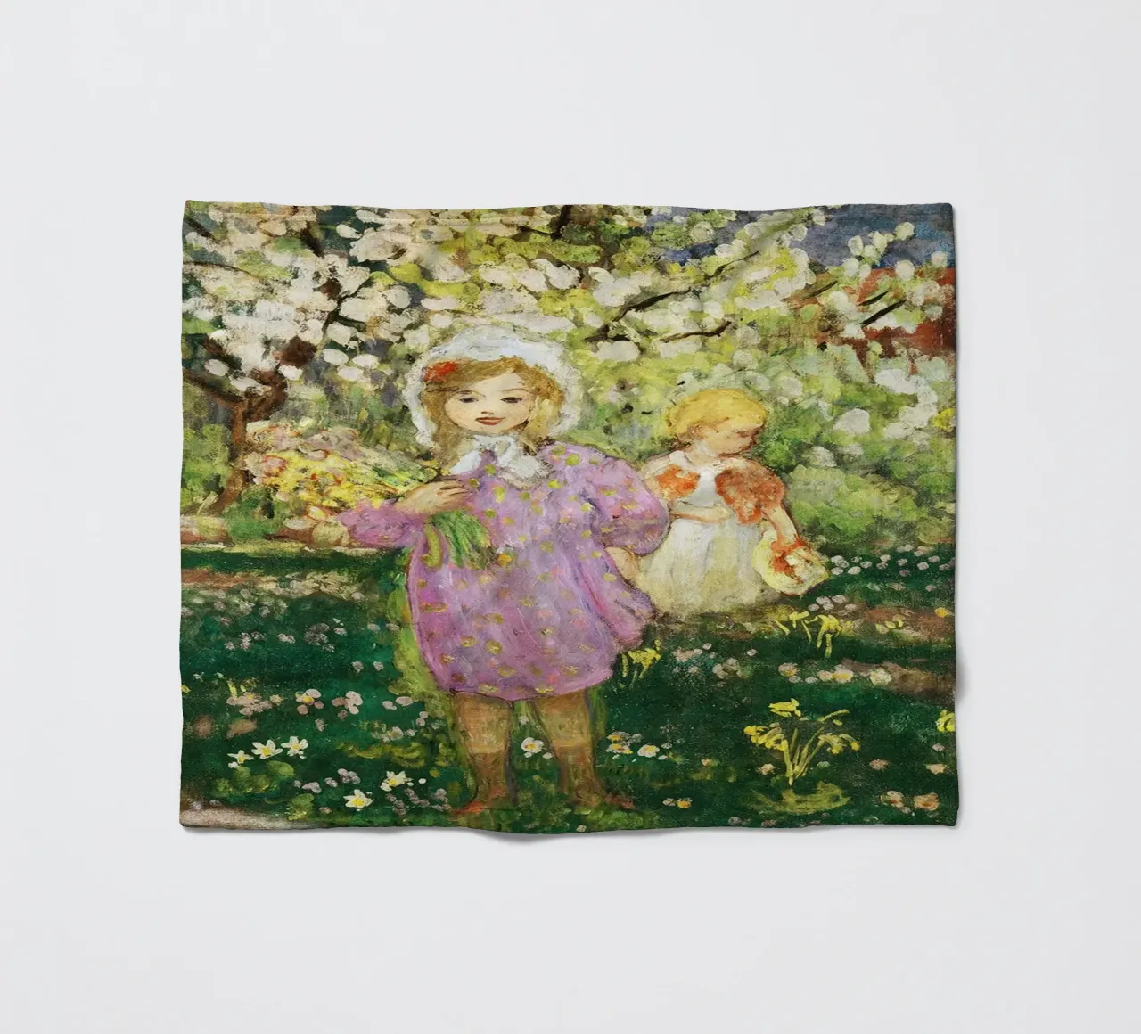 Bambini in un frutteto in fiore coperta in pile da Joan