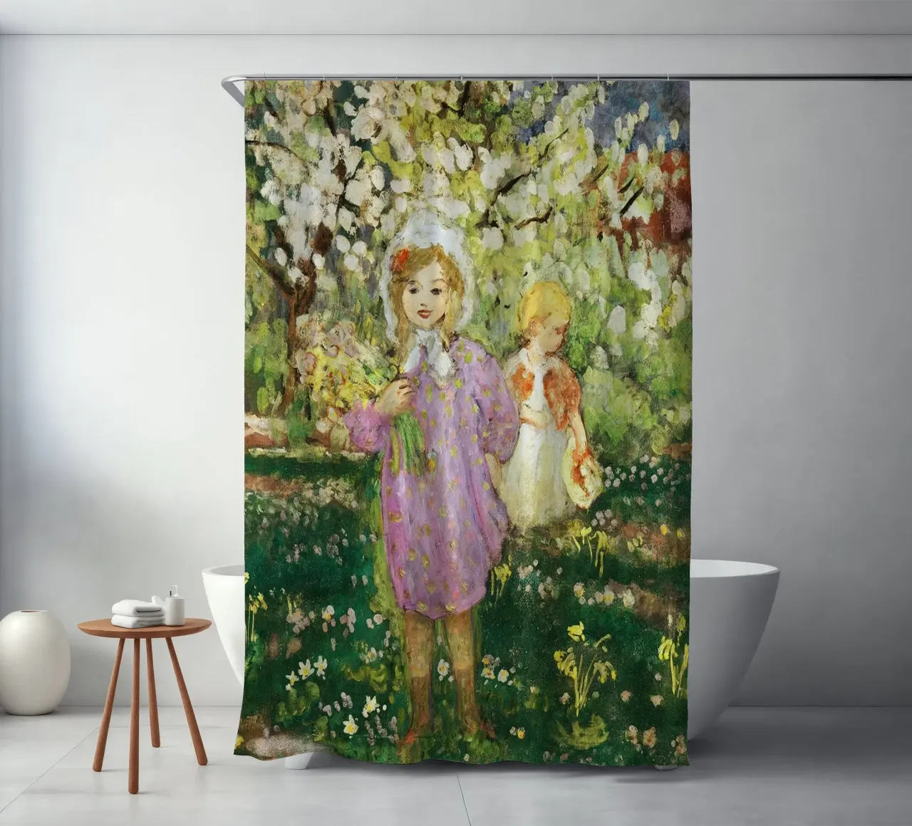 Bambini in un frutteto in fiore tenda da doccia da Joan
