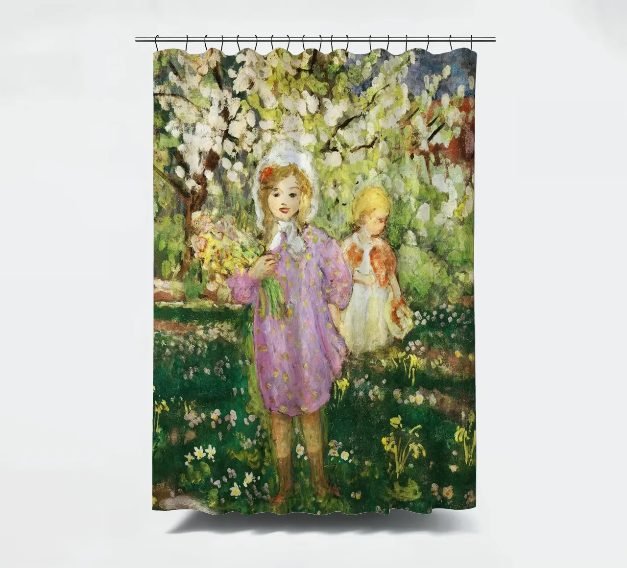 Bambini in un frutteto in fiore tenda da doccia da Joan
