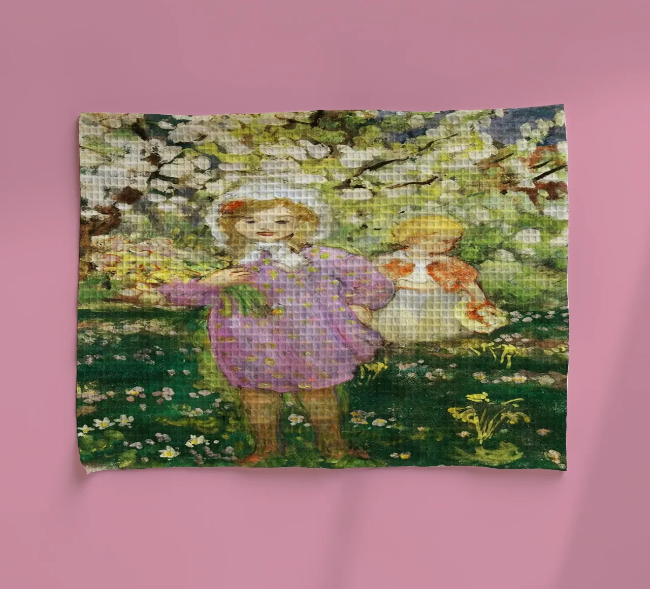 Bambini in un frutteto in fiore canovaccio da cucina da Joan