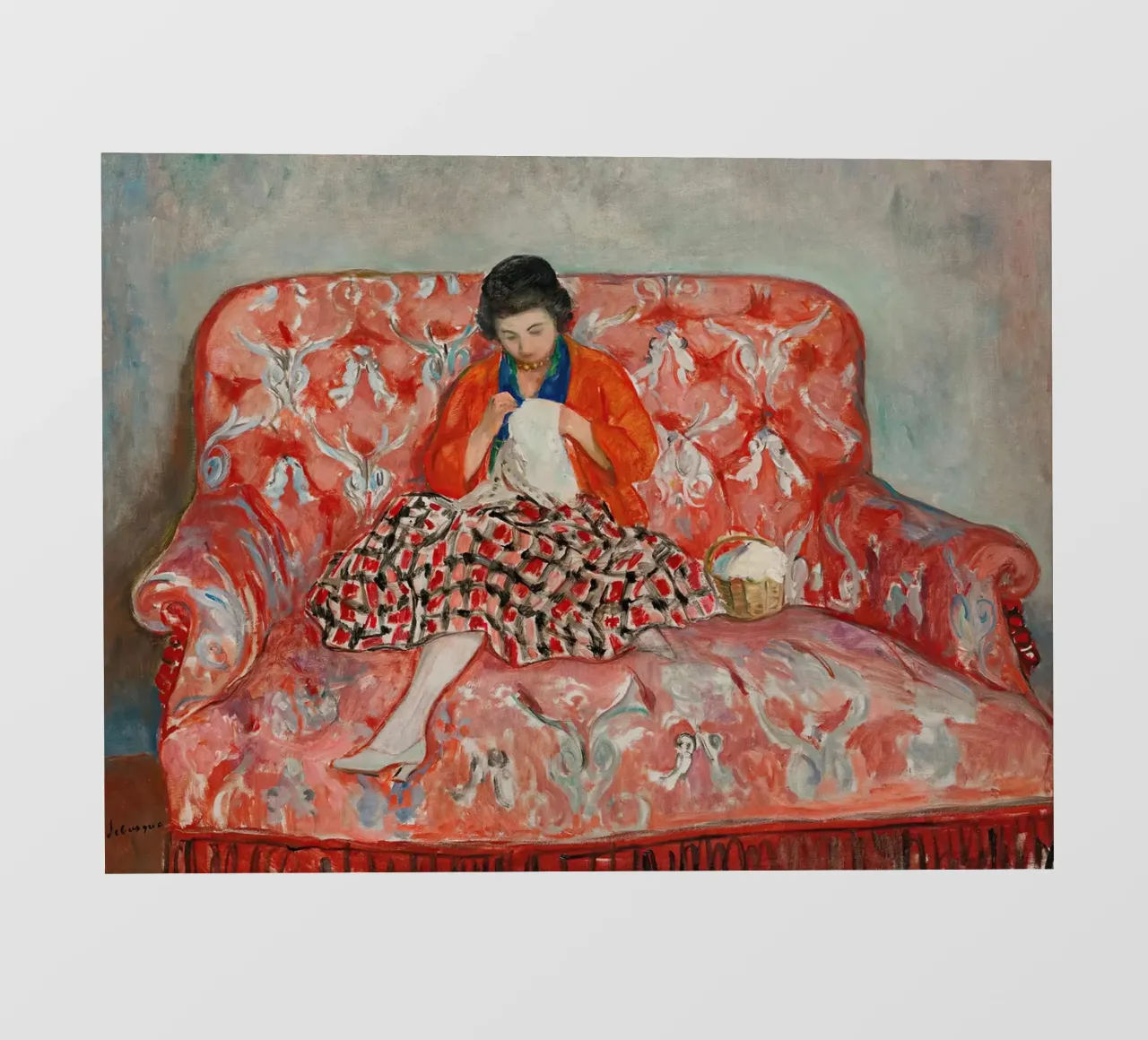 Giovane ragazza che cuce su un divano di Henri Lebasque pellicola backlit da Joan