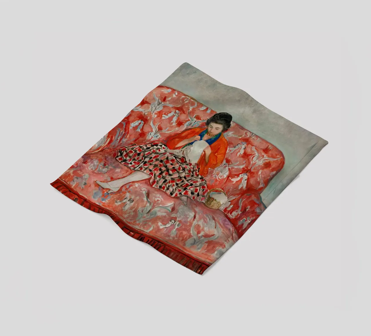 Giovane ragazza che cuce su un divano di Henri Lebasque coperta in pile da Joan