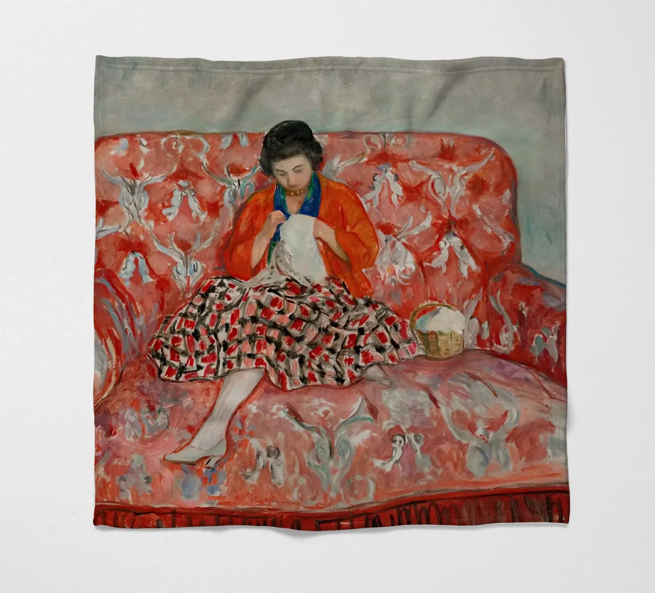 Giovane ragazza che cuce su un divano di Henri Lebasque coperta in pile da Joan