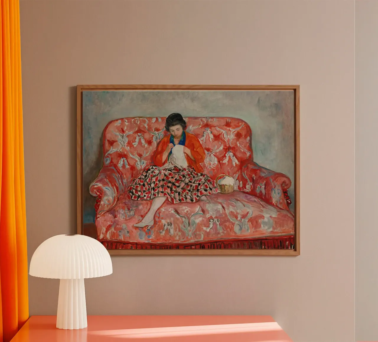 Giovane ragazza che cuce su un divano di Henri Lebasque alluminio dibond da Joan