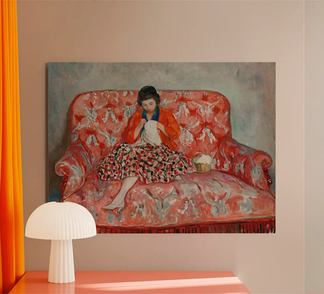 Giovane ragazza che cuce su un divano di Henri Lebasque alluminio dibond da Joan