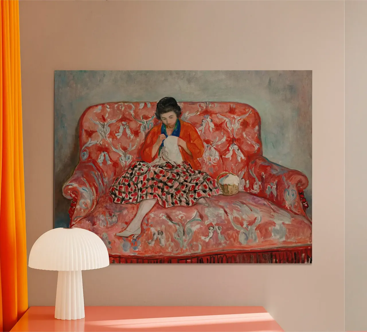 Giovane ragazza che cuce su un divano di Henri Lebasque carta hahnemühle da Joan