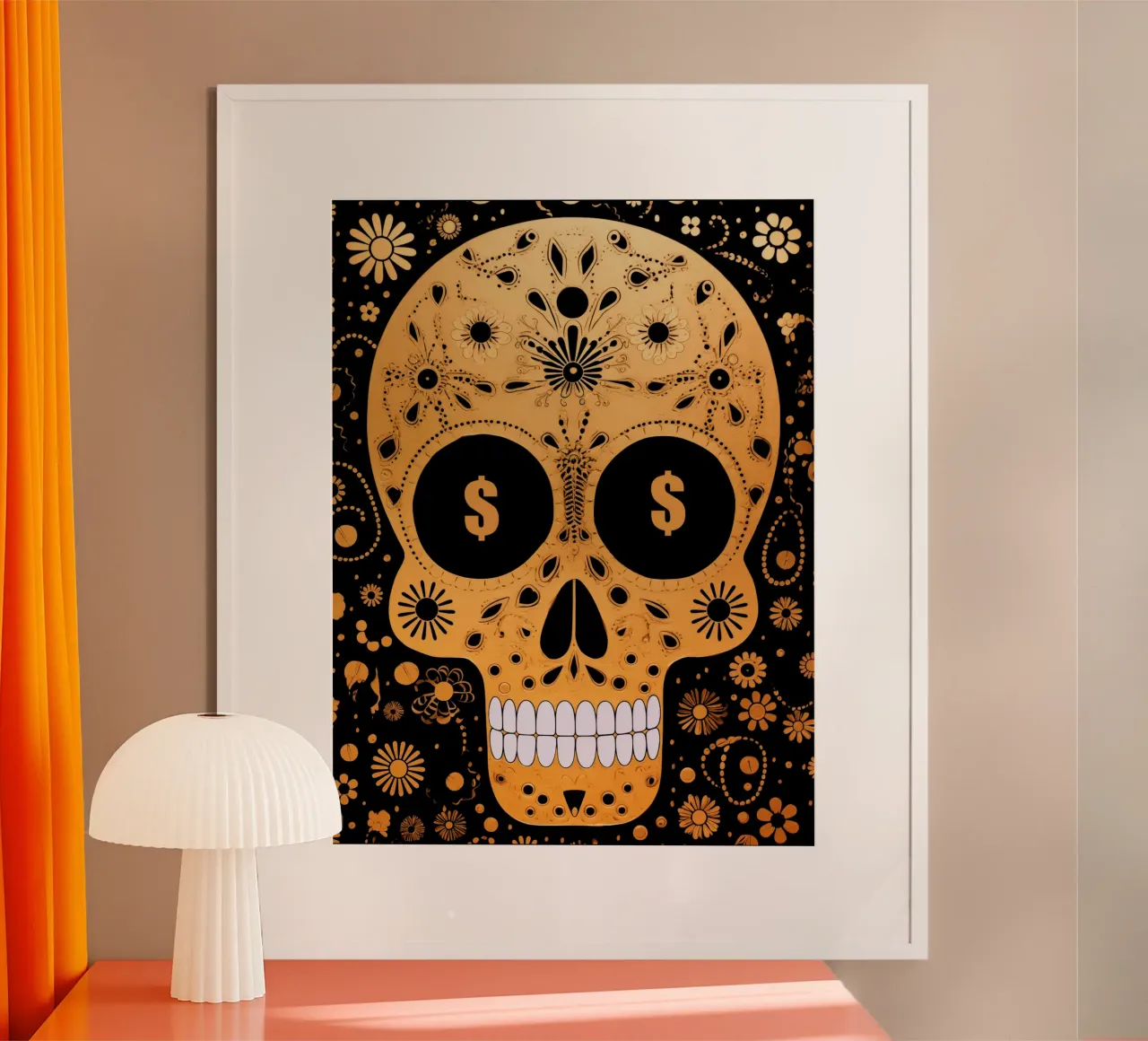 Il teschio del dollaro d'oro poster con telaio in legno da Autofocus
