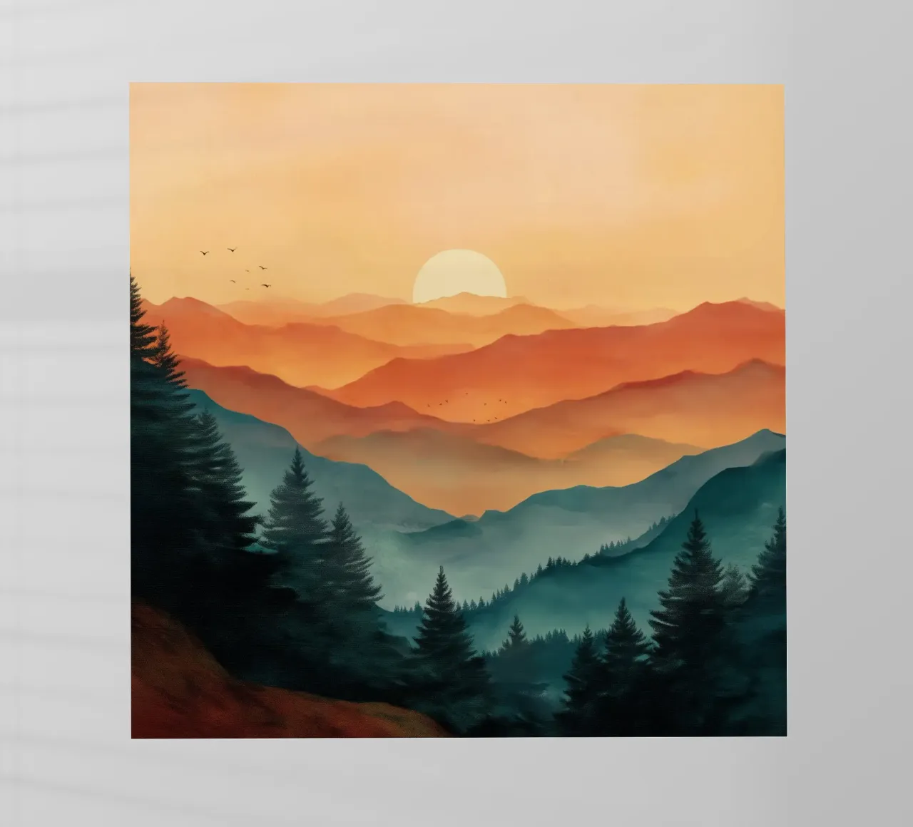 Golden Sunset Over Pine Forest and Misty Mountain Layers pellicola backlit da Dune