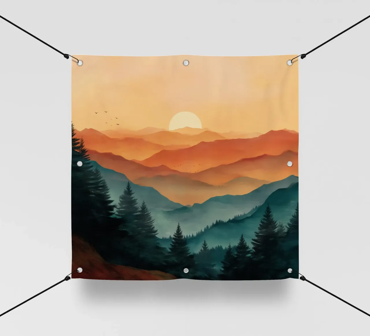 Golden Sunset Over Pine Forest and Misty Mountain Layers telo in pvc da Dune