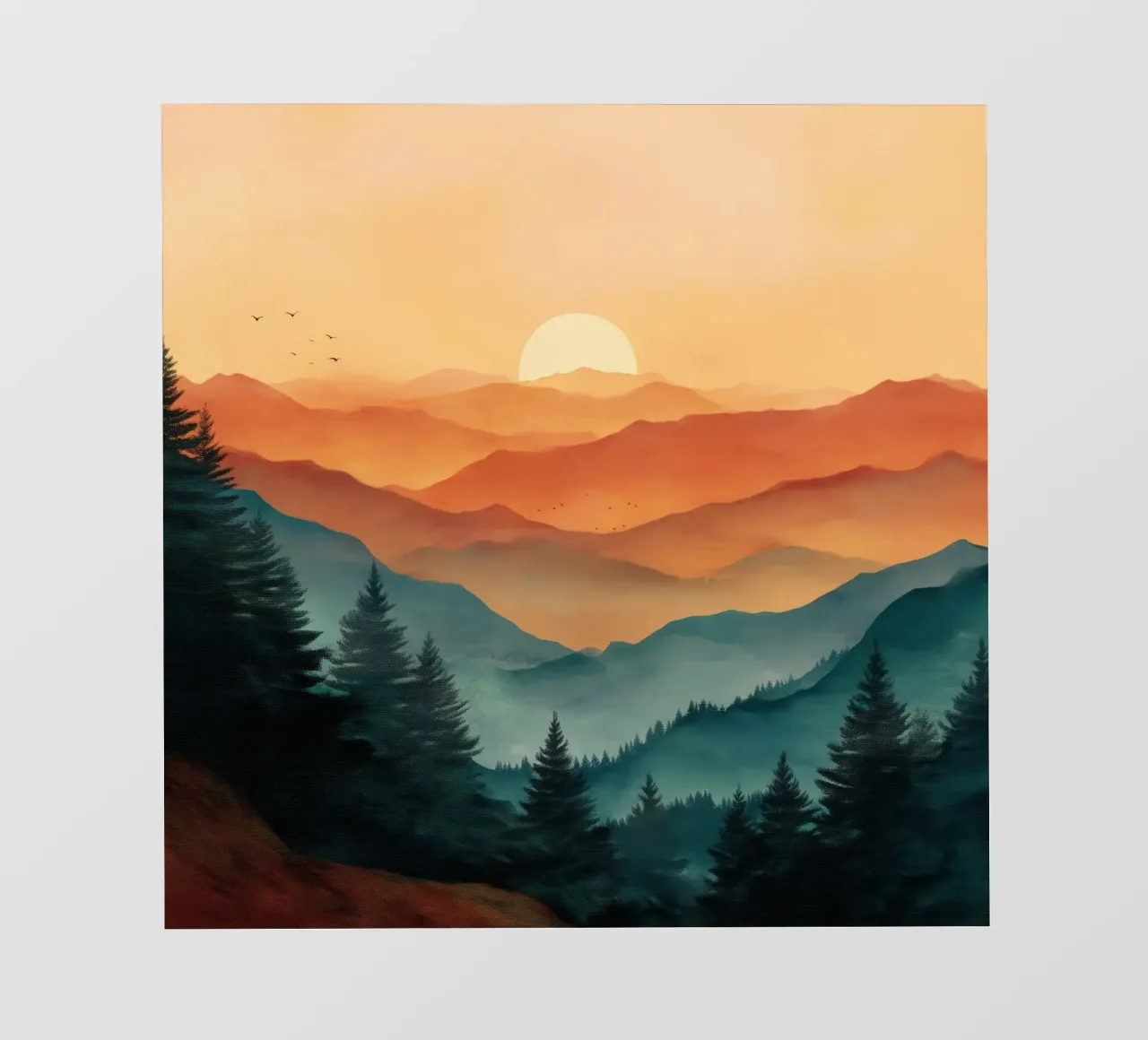 Golden Sunset Over Pine Forest and Misty Mountain Layers telo in pvc da Dune