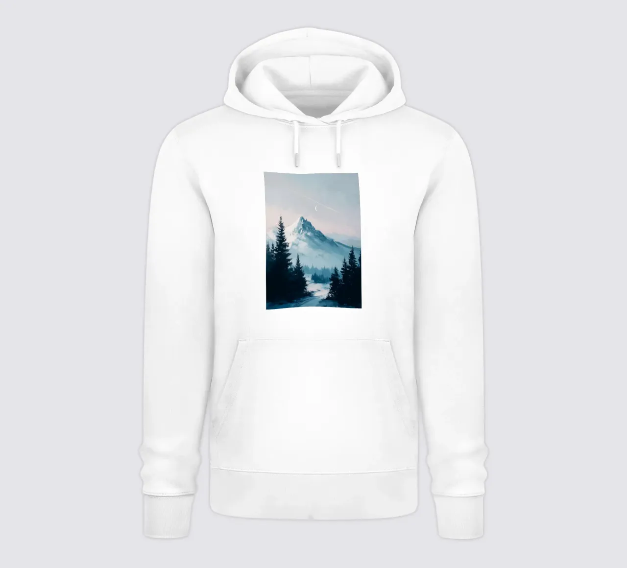 Snowy Mountain Landscape with Crescent Moon and Pine Trees felpa con cappuccio da Dune