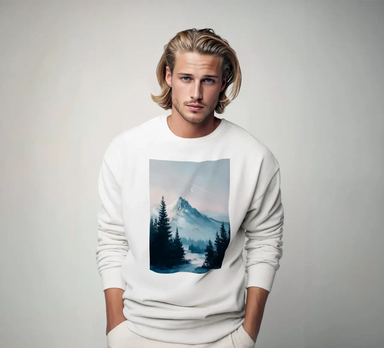 Snowy Mountain Landscape with Crescent Moon and Pine Trees felpa da Dune