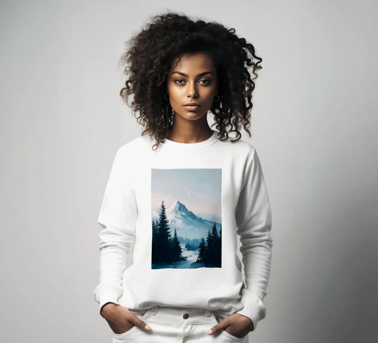 Snowy Mountain Landscape with Crescent Moon and Pine Trees felpa da Dune