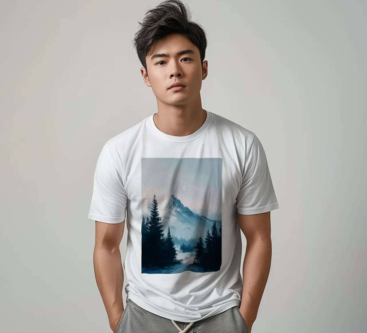Snowy Mountain Landscape with Crescent Moon and Pine Trees t-shirt da Dune