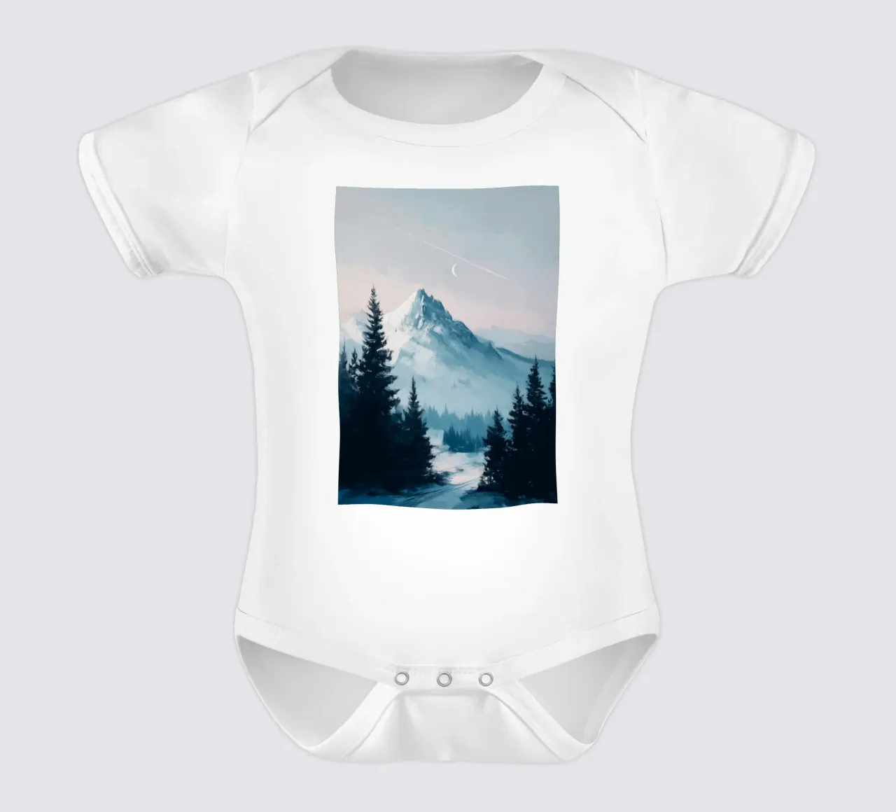 Snowy Mountain Landscape with Crescent Moon and Pine Trees body neonato maniche corte da Dune